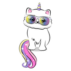 Cute cartoon cat with unicorn horn and tail. Vector illustration.