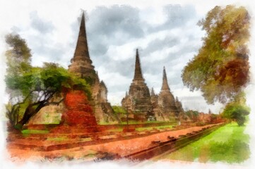 Fototapeta premium Landscape of ancient ruins in Ayutthaya World Heritage watercolor painting impressionist painting.