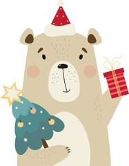 Naklejka premium cute bear in Santa with Christmas tree and gift
