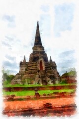 Fototapeta premium Landscape of ancient ruins in Ayutthaya World Heritage watercolor painting impressionist painting.