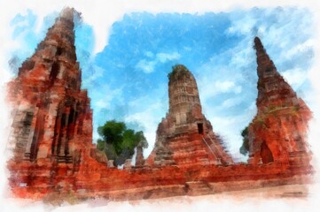 Fototapeta premium Landscape of ancient ruins in Ayutthaya World Heritage watercolor painting impressionist painting.