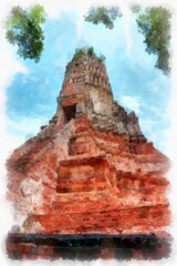 Naklejka premium Landscape of ancient ruins in Ayutthaya World Heritage watercolor painting impressionist painting.
