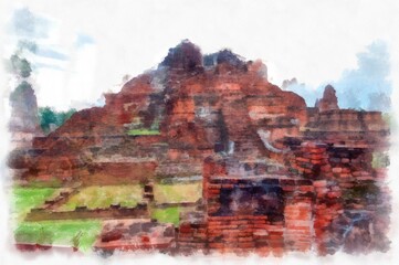 Landscape of ancient ruins in Ayutthaya World Heritage watercolor painting impressionist painting.