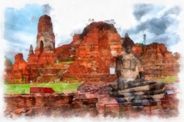 Naklejka premium Landscape of ancient ruins in Ayutthaya World Heritage watercolor painting impressionist painting.