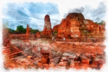 Fotobehang Baksteen Landscape of ancient ruins in Ayutthaya World Heritage watercolor painting impressionist painting.  © Kittipong