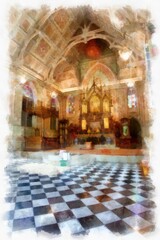 Obraz premium landscape of yellow ancient gothic architecture ancient church watercolor style illustration impressionist painting.