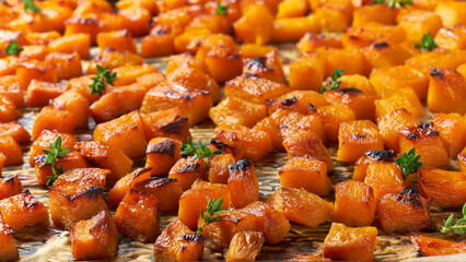 Close up of roasted butternut squash cubes with thyme.