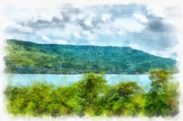 landscape of lakes and mountains watercolor style illustration impressionist painting.