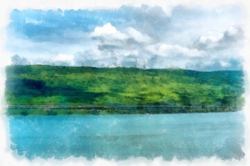 landscape of lakes and mountains watercolor style illustration impressionist painting.