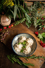 traditional chinkali on the wooden board