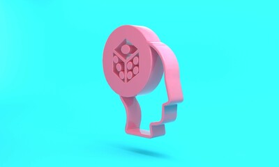 Pink Game dice icon isolated on turquoise blue background. Casino gambling. Minimalism concept. 3D render illustration
