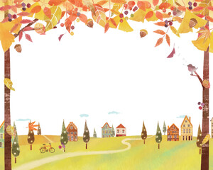秋の紅葉した葉っぱのある景色とかわいいレトロな街並みの北欧風ベクターフレーム白バック背景素材