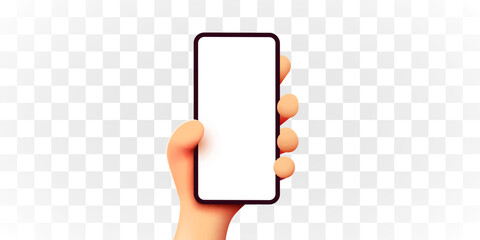 Cute 3D cartoon hand holding mobile smart phone. Transparent background. Modern mockup. Vector illustration