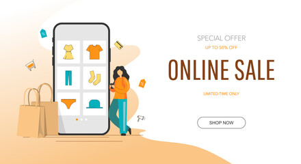 Online sale landing page template with character, phone and text