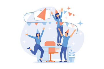 Office workers, coworkers having fun together. Corporate party, special event celebration, business success. Company staff, colleagues in festive hats. flat vector modern illustration