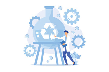 Pharmaceutical research. Chemical liquid analysis, lab testing, bio drug analyzing. Fluid in recycling glassware. Laboratory worker cartoon character. flat vector modern illustration
