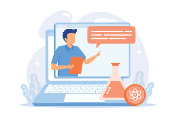 Chemistry online lessons. Biochemist presentation, science class, e learning. Laboratory worker cartoon character explaining pharmaceutical researches. flat vector modern illustration