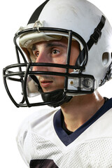 Close-up portrait of young man, american football player in helmet posing isolated over white studio background