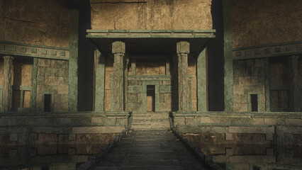Old fantasy medieval temple stone building in a mountain cave with sunlight on the doorway. 3D rendering.