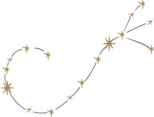 Constellations, celestial objects, stars, planets, sun, moon, space elements in doodle style