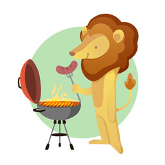 BBQ cute vector illustration. Lion cookâ€™s sausages on the bbq party. Vector illustration for invitation