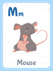 Alphabet printable flashcard with letter M. Cartoon cute mouse animal and english word on flash card for children education. School memory cards for kindergarten kids flat vector illustration.