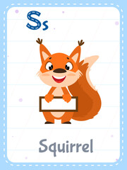 Alphabet printable flashcard with letter S. Cartoon cute squirrel animal and english word on flash card for children education. School memory card for kindergarten kids flat vector illustration.