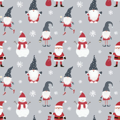 Christmas seamless pattern with scandinavian gnomes, snowman, Santa Claus and snowflakes.