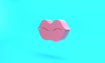 Pink Smiling lips icon isolated on turquoise blue background. Smile symbol. Minimalism concept. 3D render illustration