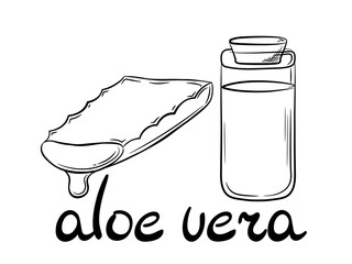 Collection of aloe vera plant slice with serum in a jar. Hand drawn cosmetology items in line style. Isolated vector illustration.	