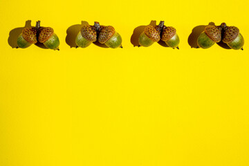 Autumn background. Acorns on an yellow background.