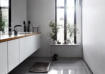 Modern bathroom in white and black. Blurred interior background.