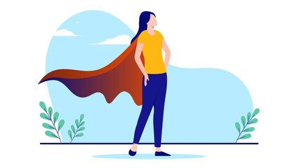 Casual superhero woman - Female person standing proud with cape being a super hero. Flat design vector illustration with white background