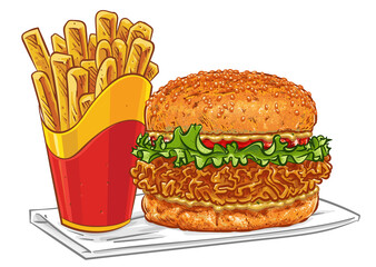 Crispy chicken burger with thick cut fries isolated on transparent background.
