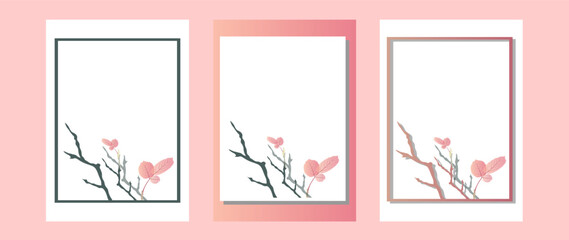 Cherry blossom, sakura branch with pink flowers on white frame and sweet pink background. Image of springtime. Vector illustration.