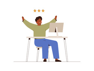 Young man happy with achieving target. Boy raised up his hands and enjoys victory. Concept of Completed tasks or Challenges. Vector illustration