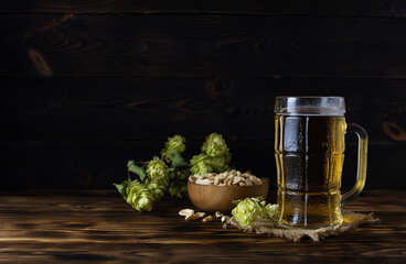 Light golden beer in a transparent mug with drops of water on a canvas napkin. Jaoren peanuts in a...