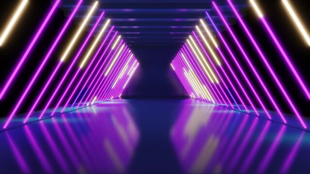 Futuristic studio concept with bright laser animation and reflective floor. Abstract neon background with colorful beams of light. Purple blue and yellow lights render.