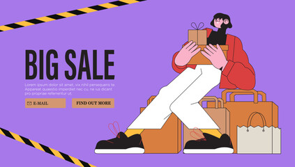 Happy satisfied woman holds shopping bags with presents or gifts. Discount, black friday or seasonal sale, promotion. Online banner, web page, ads with female client or customer character shopping.