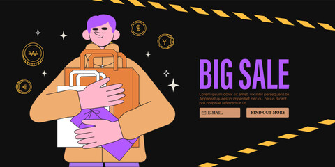 Happy satisfied man holds shopping bags with presents or gifts. Discount, black friday or seasonal sale, promotion. Online banner, web page, ads with male client or customer character shopping.