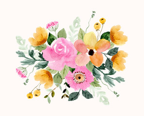 yellow pink floral bouquet watercolor