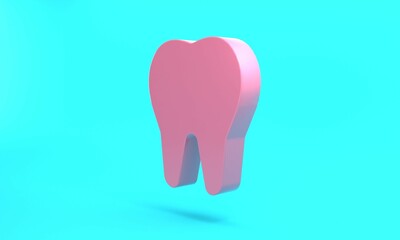 Pink Tooth icon isolated on turquoise blue background. Tooth symbol for dentistry clinic or dentist medical center and toothpaste package. Minimalism concept. 3D render illustration