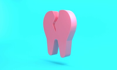 Pink Broken tooth icon isolated on turquoise blue background. Dental problem icon. Dental care symbol. Minimalism concept. 3D render illustration