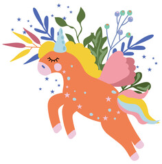 Cute unicorn with colorful the tail, flowers and leaves. Fantastic Unicorn in flat style. Fairy horse can be used as creating card, banner, birthday and other holidays. Vector illustration.