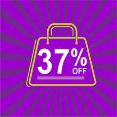 37% off. Purple, white and yellow banner with thirty seven percent discount. Shopping bag concept vector.
