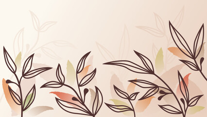 Fototapeta premium Abstract autumn season vector beige background with line art leaves. 
