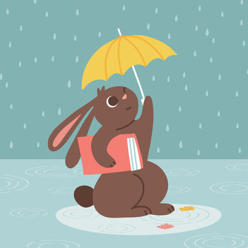Rabbit walking under umbrella with book. Autumn rainy postcard. Bunny or hare - childish mascot 2023 symbol year. Seasonal flat cartoon vector illustration