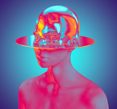 Abstract cyberpunk concept illustration from 3D rendering of a female bust sculpture head-cut by a shining metal disc and isolated on background in colourful vaporwave style.