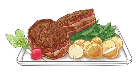 Chateaubriand  steak wrapped in bacon accompanied with delicious vegetables on a plate vector illustration isolated on white background.