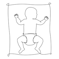 single line drawing of baby in diaper sleeping on its back, line art vector illustration